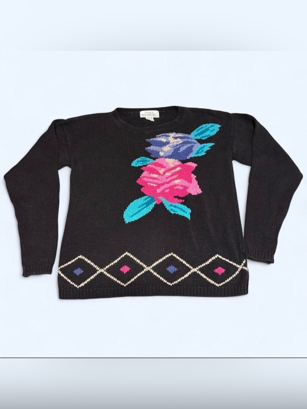 Vintage 90s Petite Illustrations Floral Knit Sweater Intarsia Rose Cottagecore M